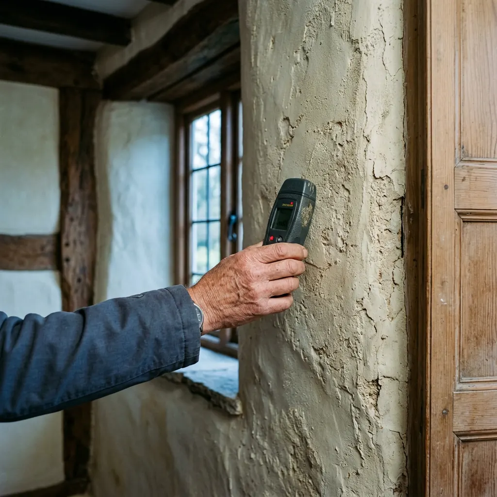 A surveyor examining a wall in an older property